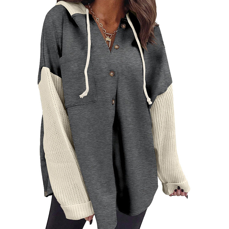 Colorblock Hoodie Sweatshirt with Button Detail