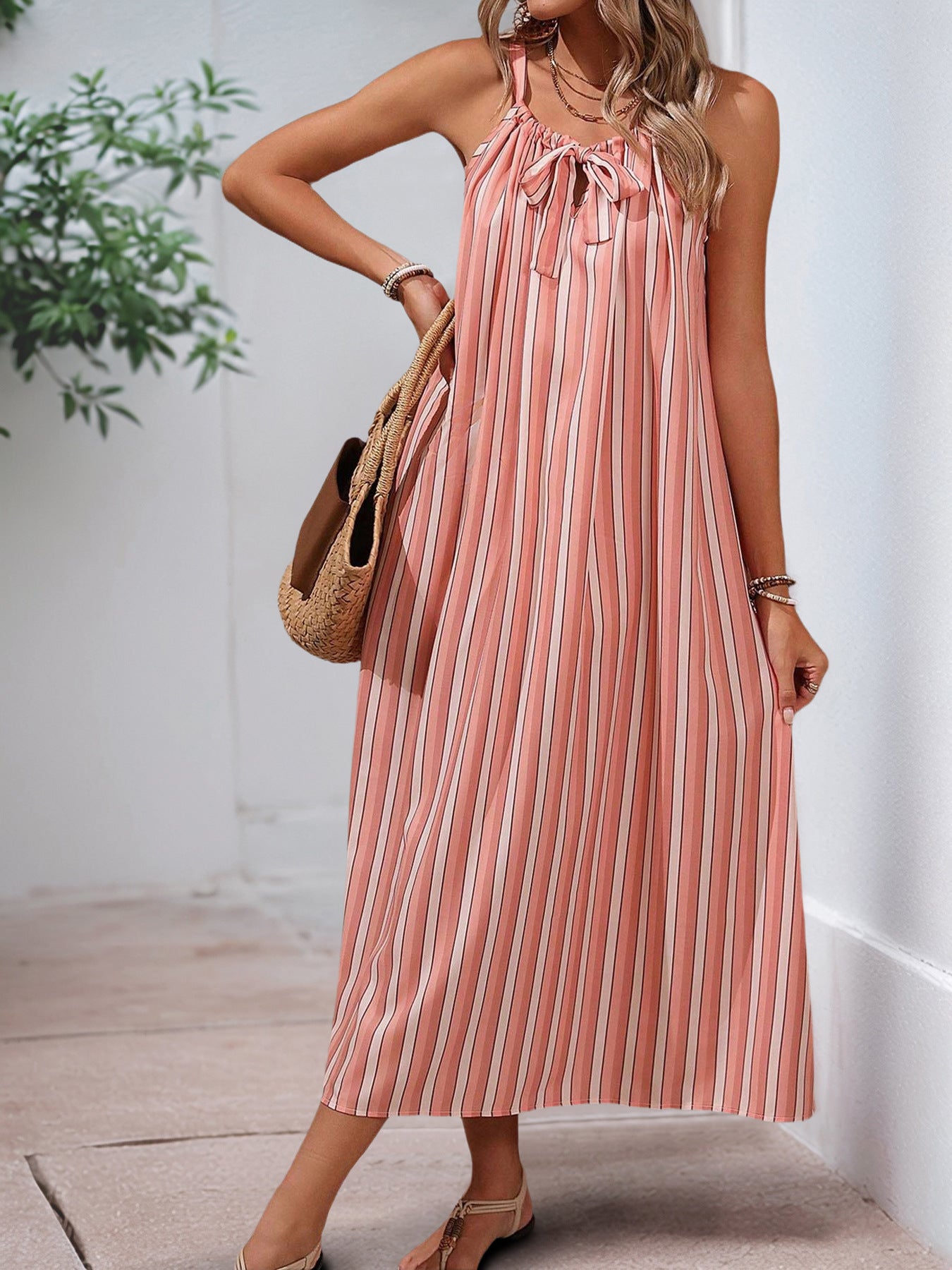 Striped Tie Neck Sleeveless Loose Fit Midi Dress Summer