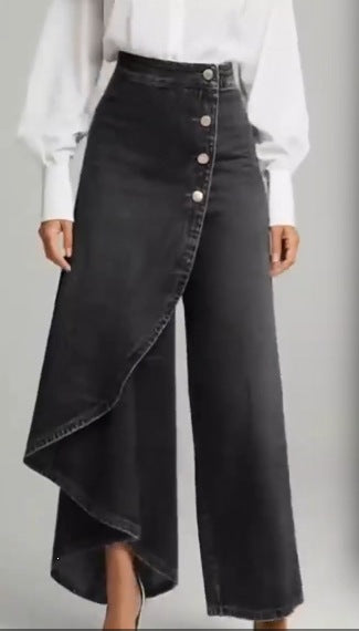 Solid Denim Wide Leg Pants Asymmetric Wrap High Waist Jeans
