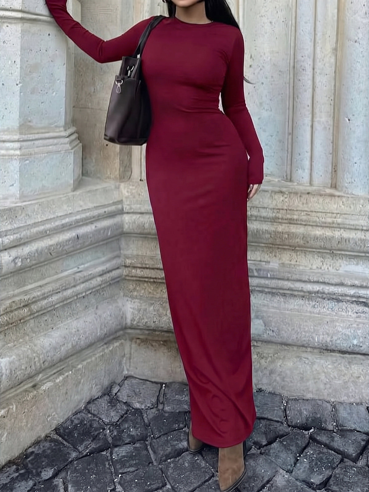 Burgundy Crew Neck Long Sleeve Bodycon Maxi Dress