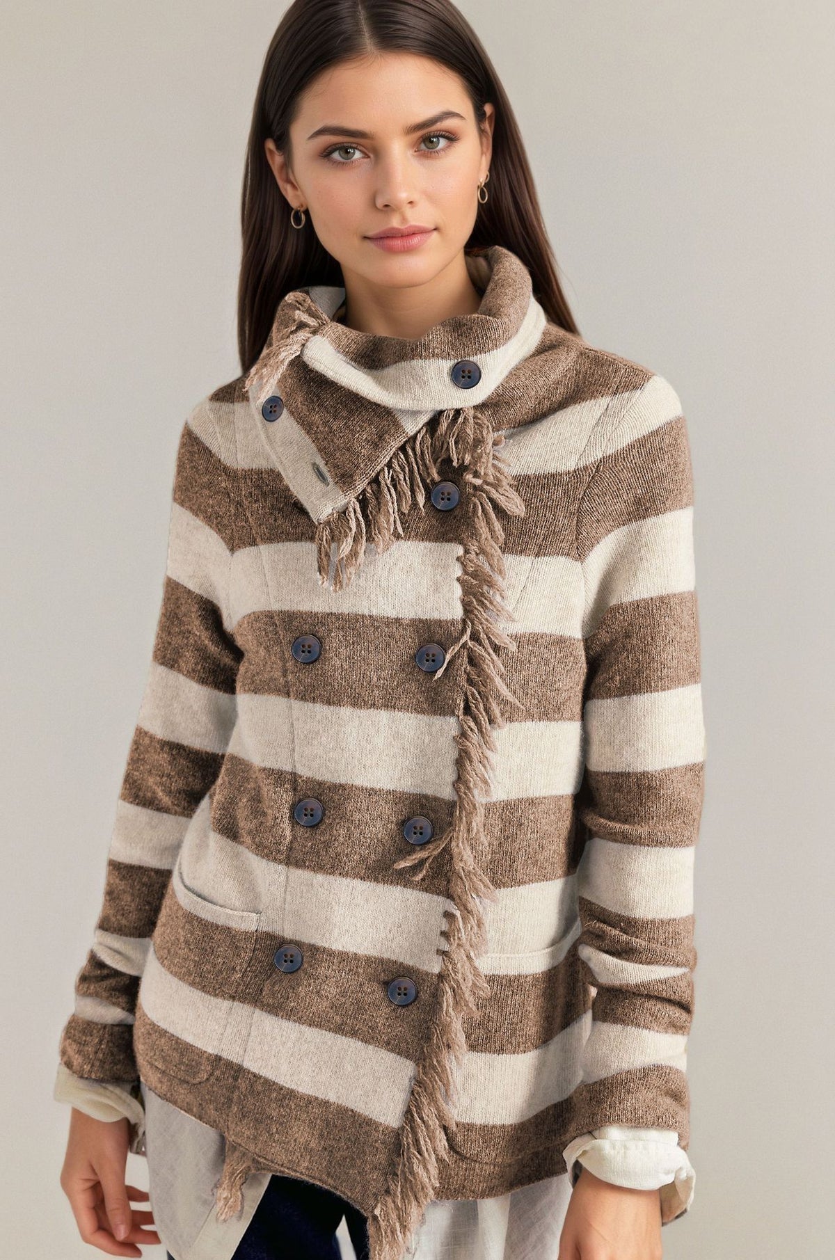 Women's Fringe Striped Mock Neck Knit Cardigan