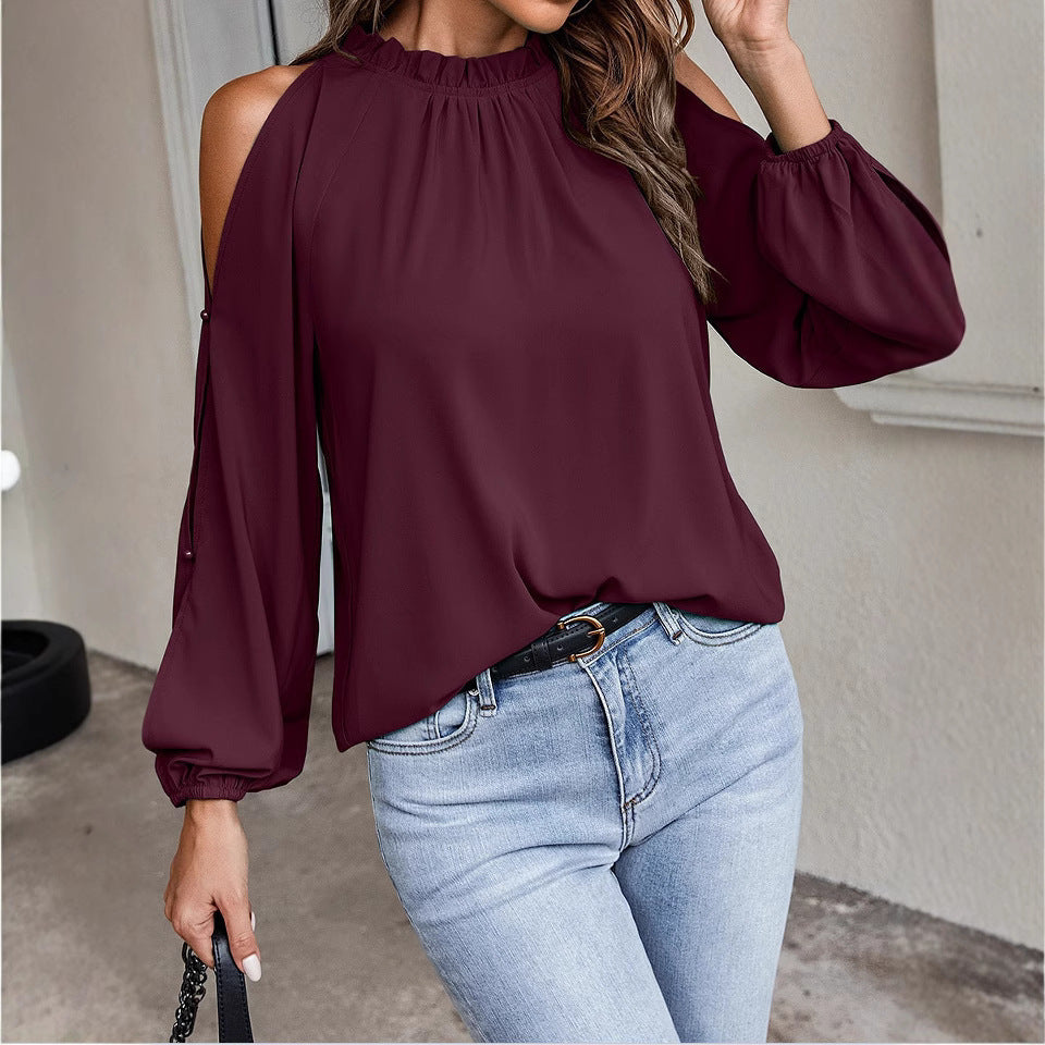 Women’s Ruffle Mock Neck Cold Shoulder Long Sleeve Blouse
