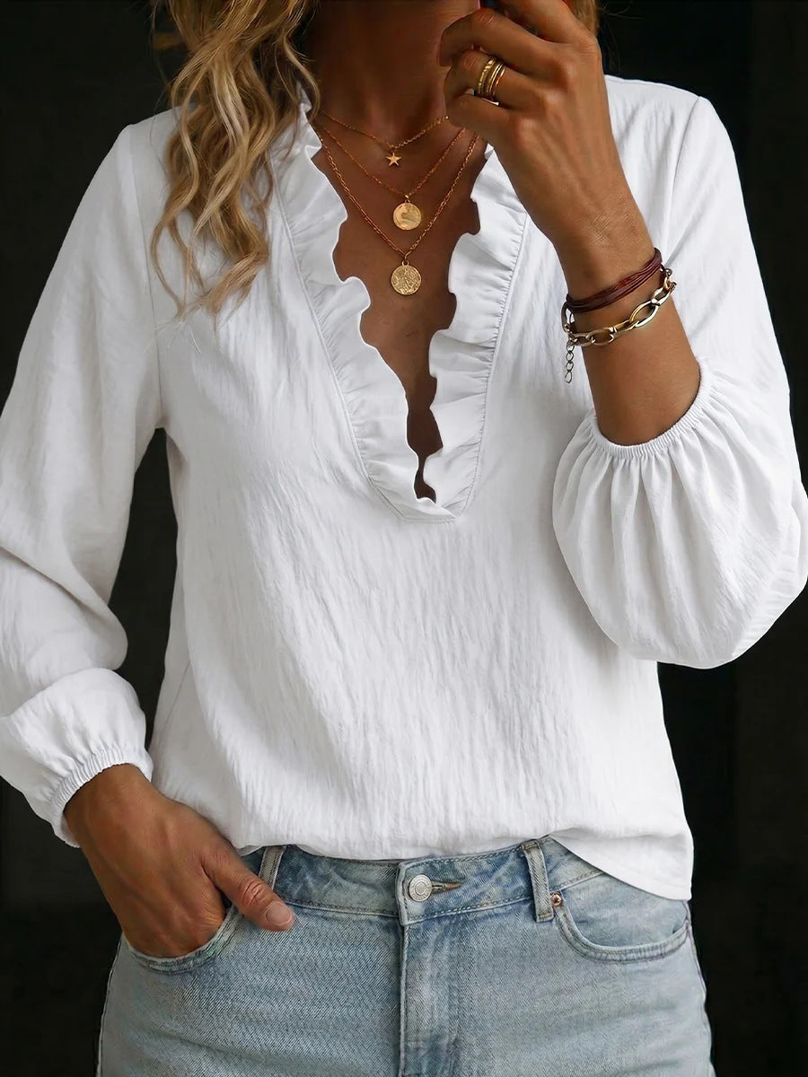 Ruffle V-Neck Blouse with Balloon Sleeves for Women