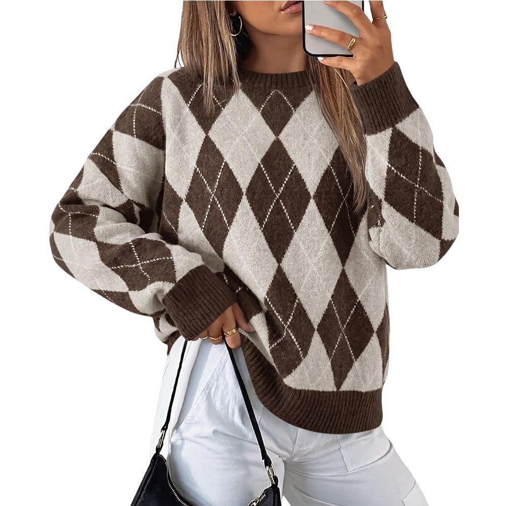 Women's Oversized Argyle Colorblock Crewneck Sweater