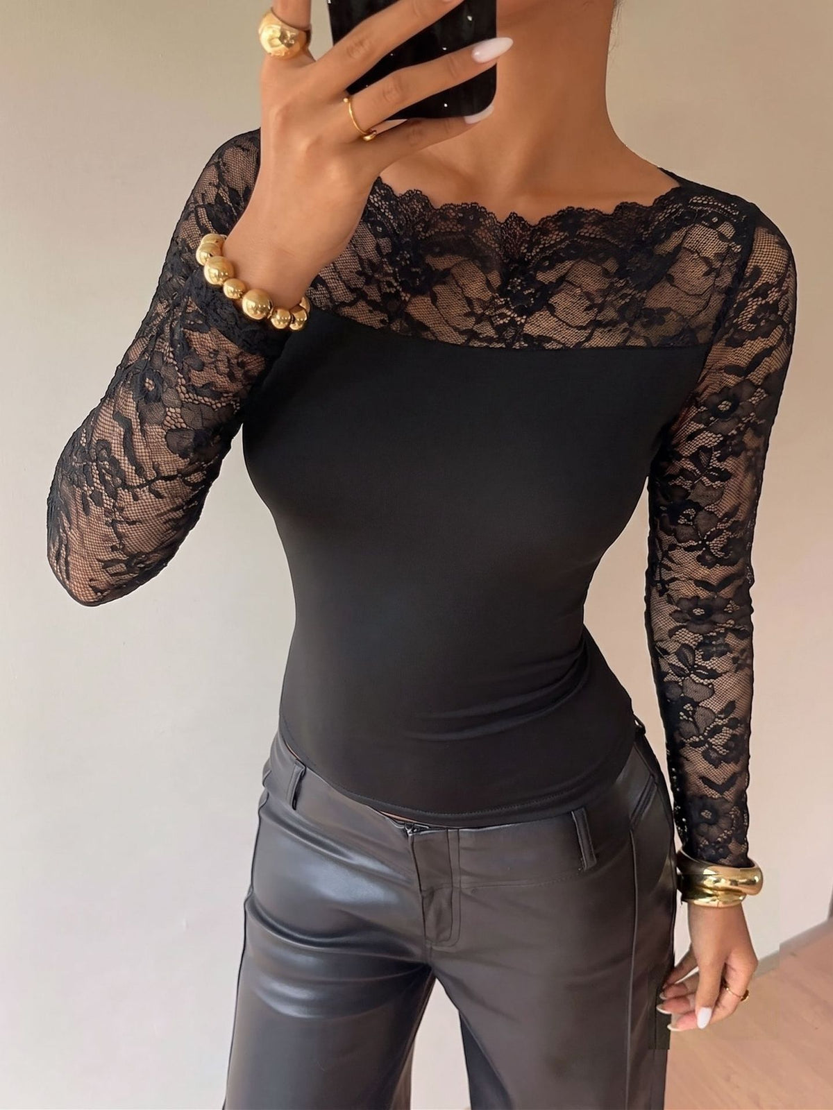 Sexy Black Lace Boat Neck Long Sleeve Fitted Top