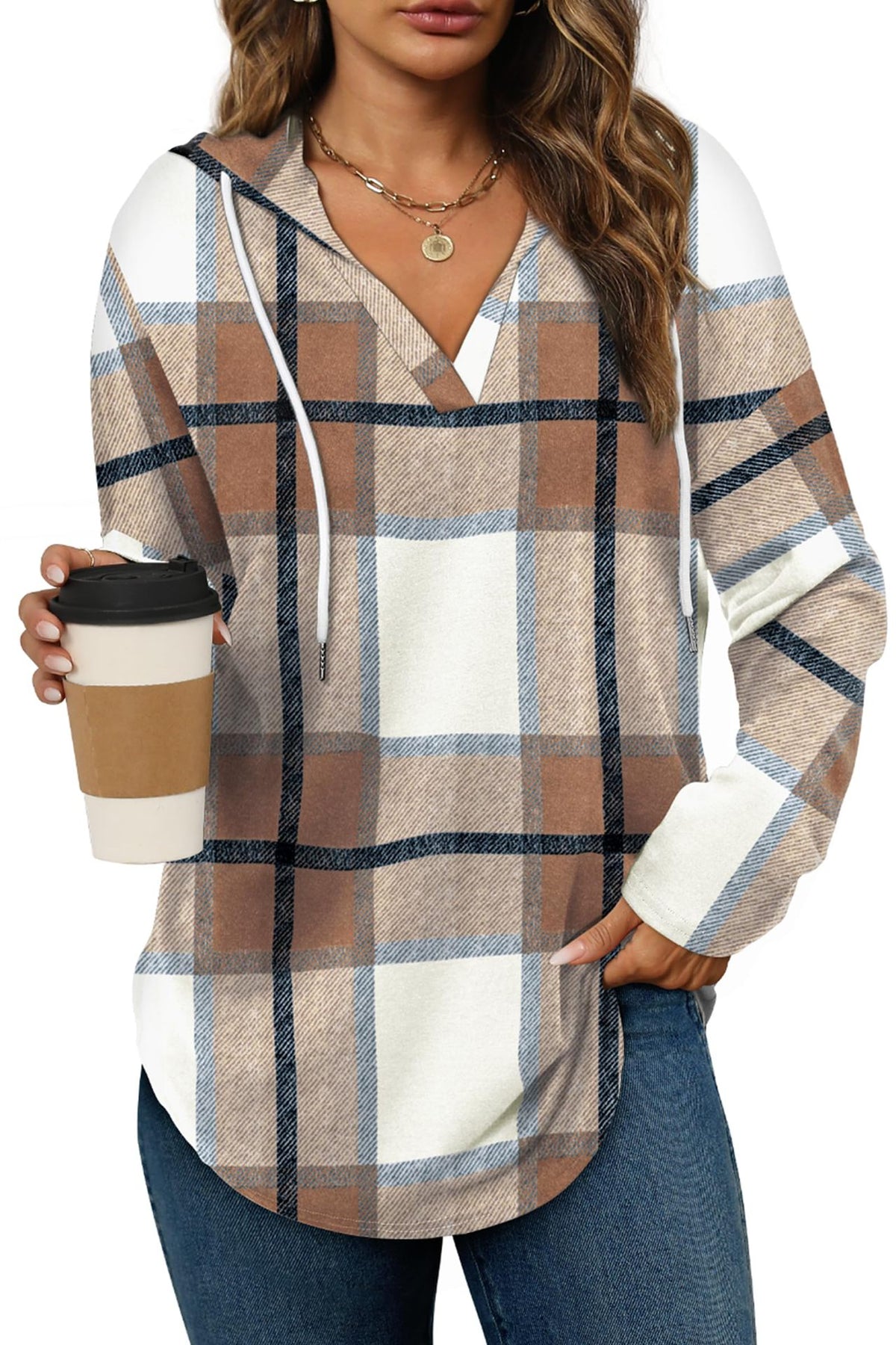 Women's Plaid V-Neck Fleece Hoodie Pullover