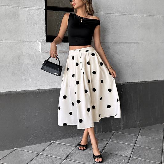 Polka Dot Midi Skirt Vintage High Waist Swing