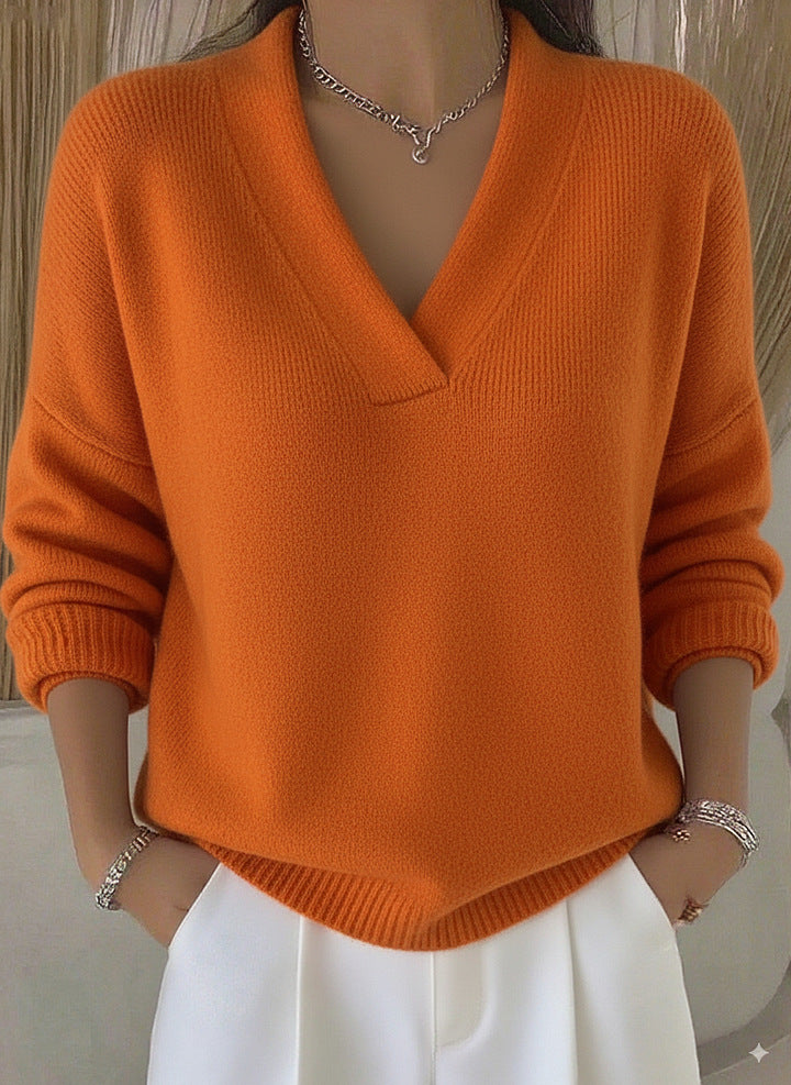 Women’s V Neck Knit Sweater Long Sleeve Loose Pullover Top