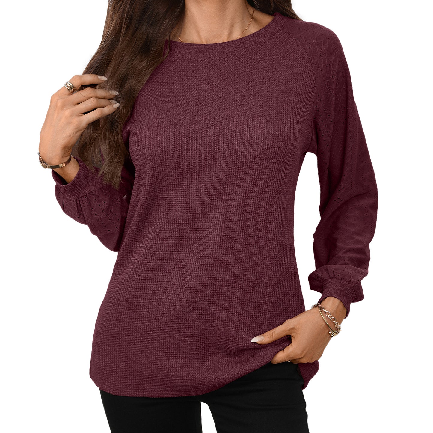 Solid Patchwork Long Sleeve Top Loose Fit Casual Blouse