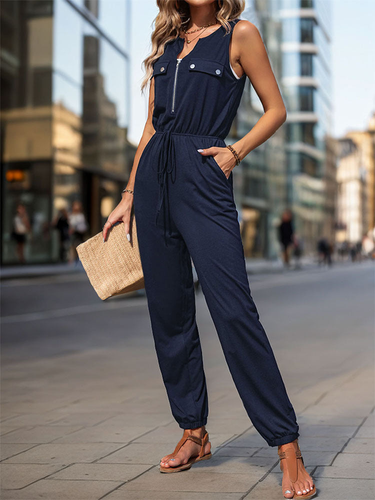 Zip Front Sleeveless Black Jogger Jumpsuit