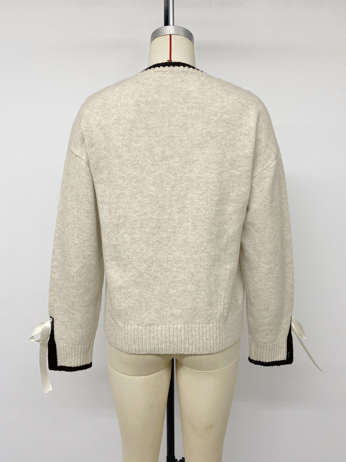 Bow Detail Contrast Knit Sweater Crew Neck Long Sleeve