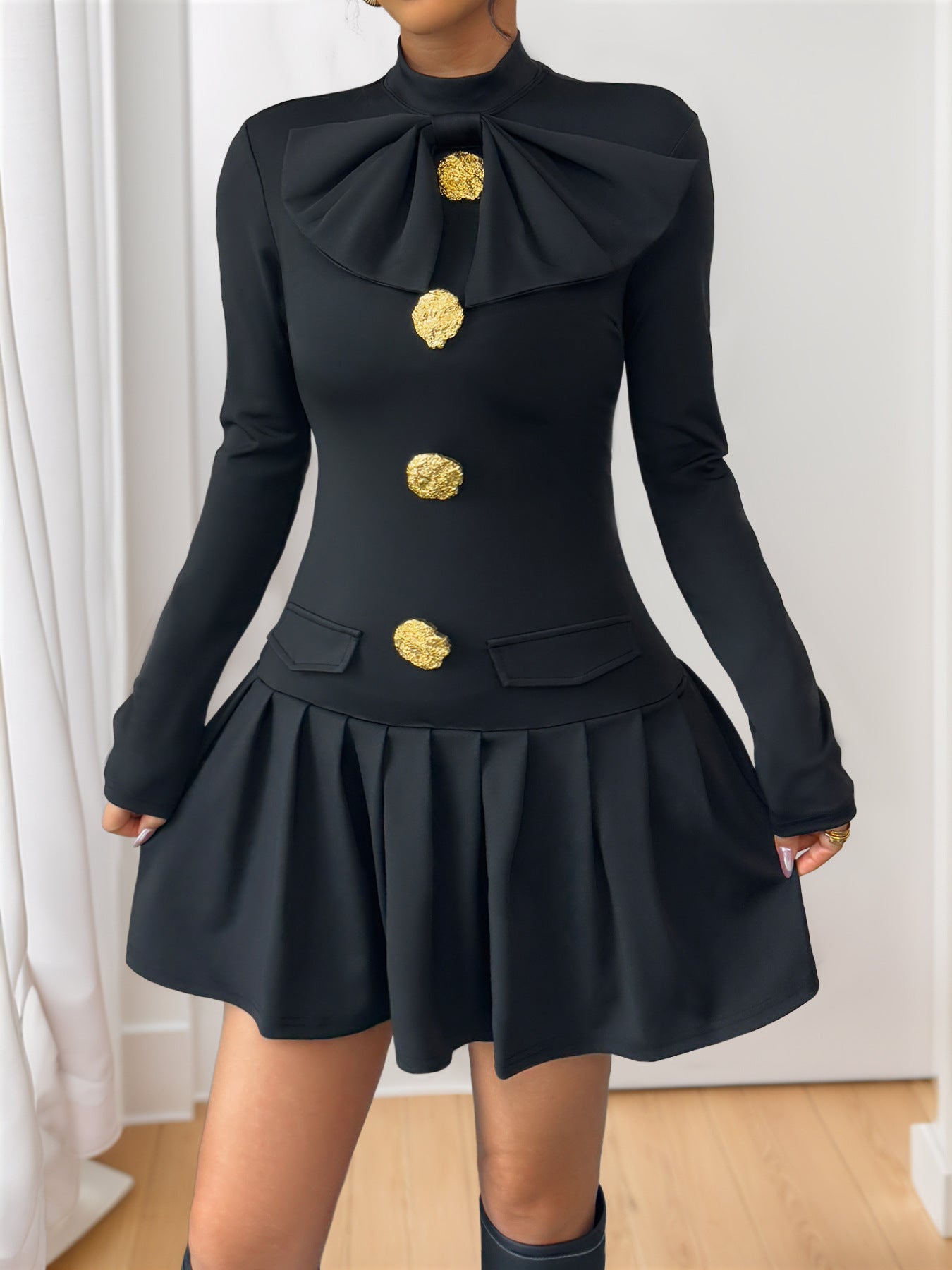 Elegant Black Long Sleeve Dress with Bow and Button Details