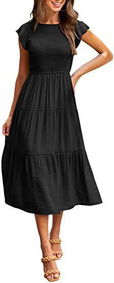 Smocked Waist Flutter Sleeve Tiered Midi Dress for Women