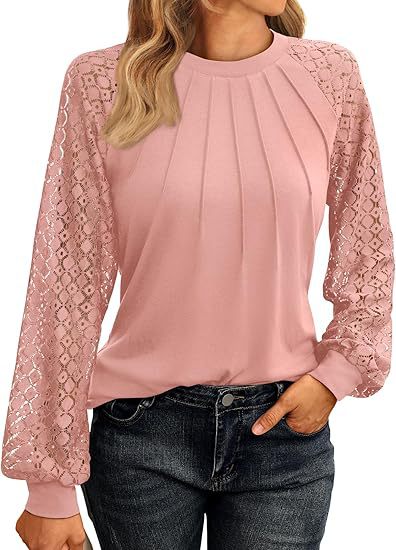 Lace Knit Blouse Casual Pleated Raglan Sleeve Top