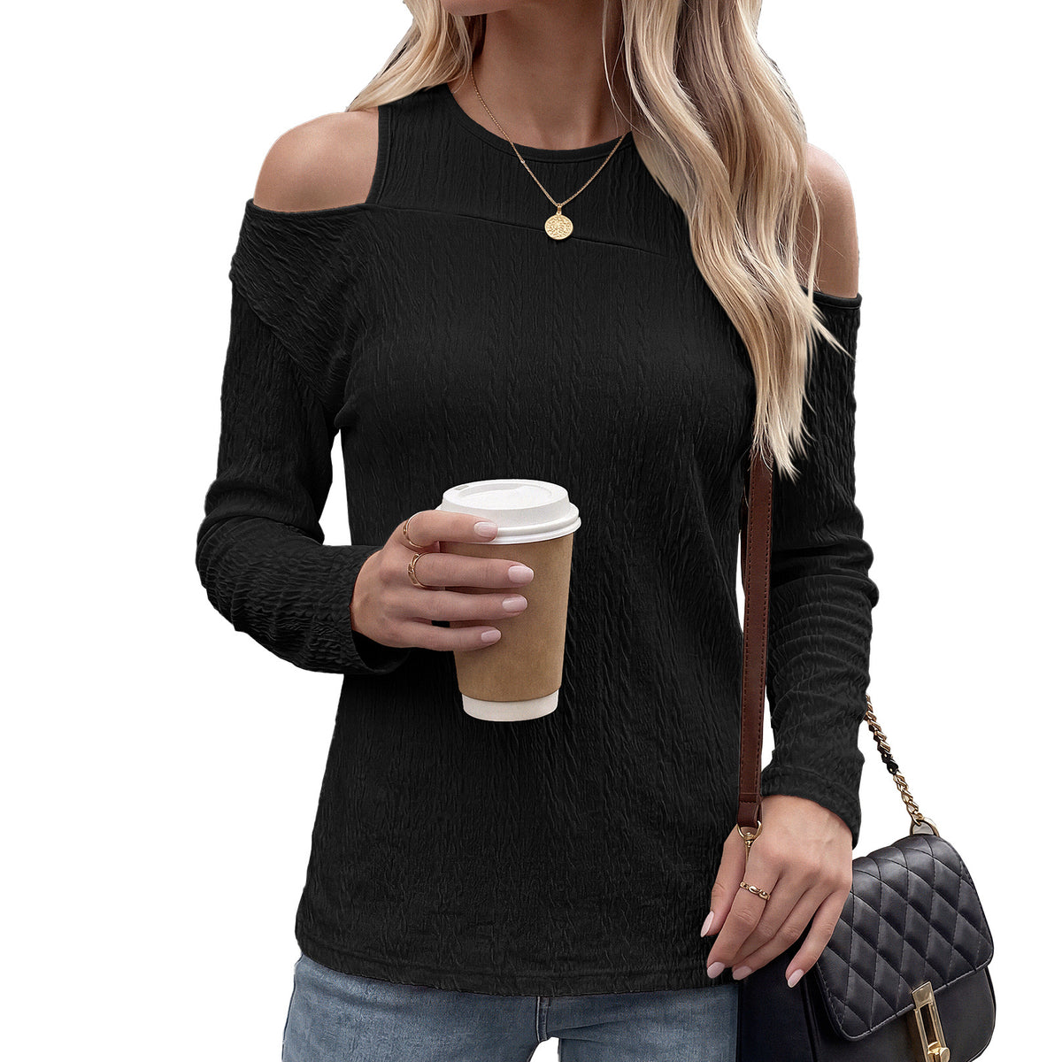 Women's Cold Shoulder Long Sleeve Tunic Top Textured Loose