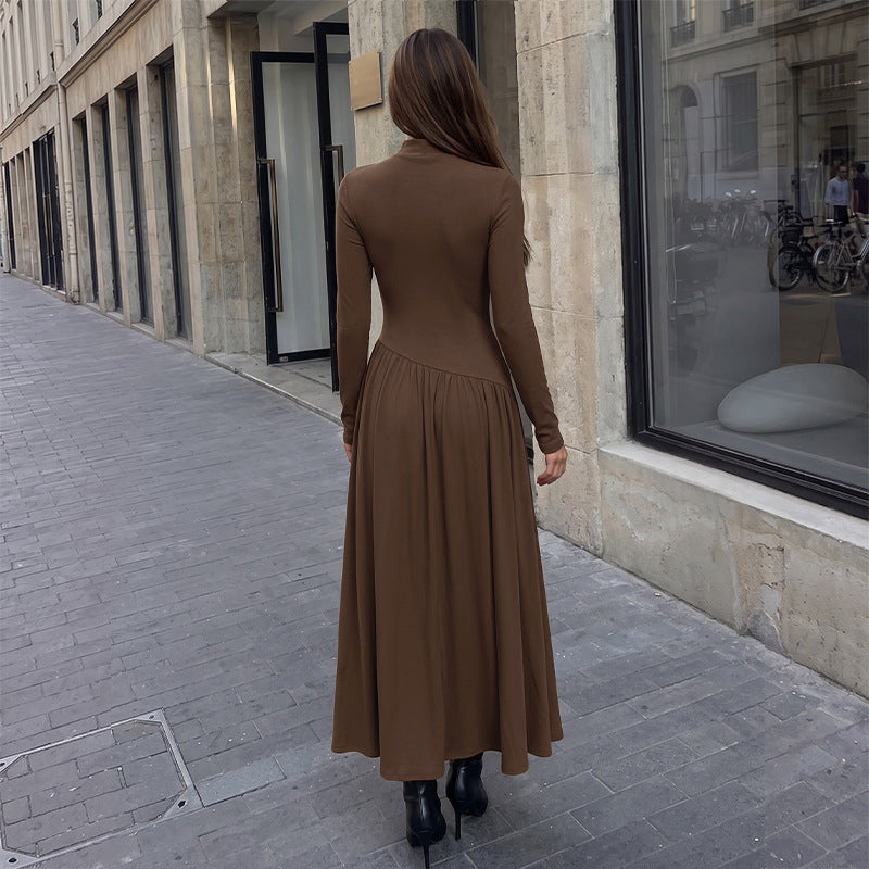 Mock Neck Knit Midi Dress Long Sleeve High Waist A Line