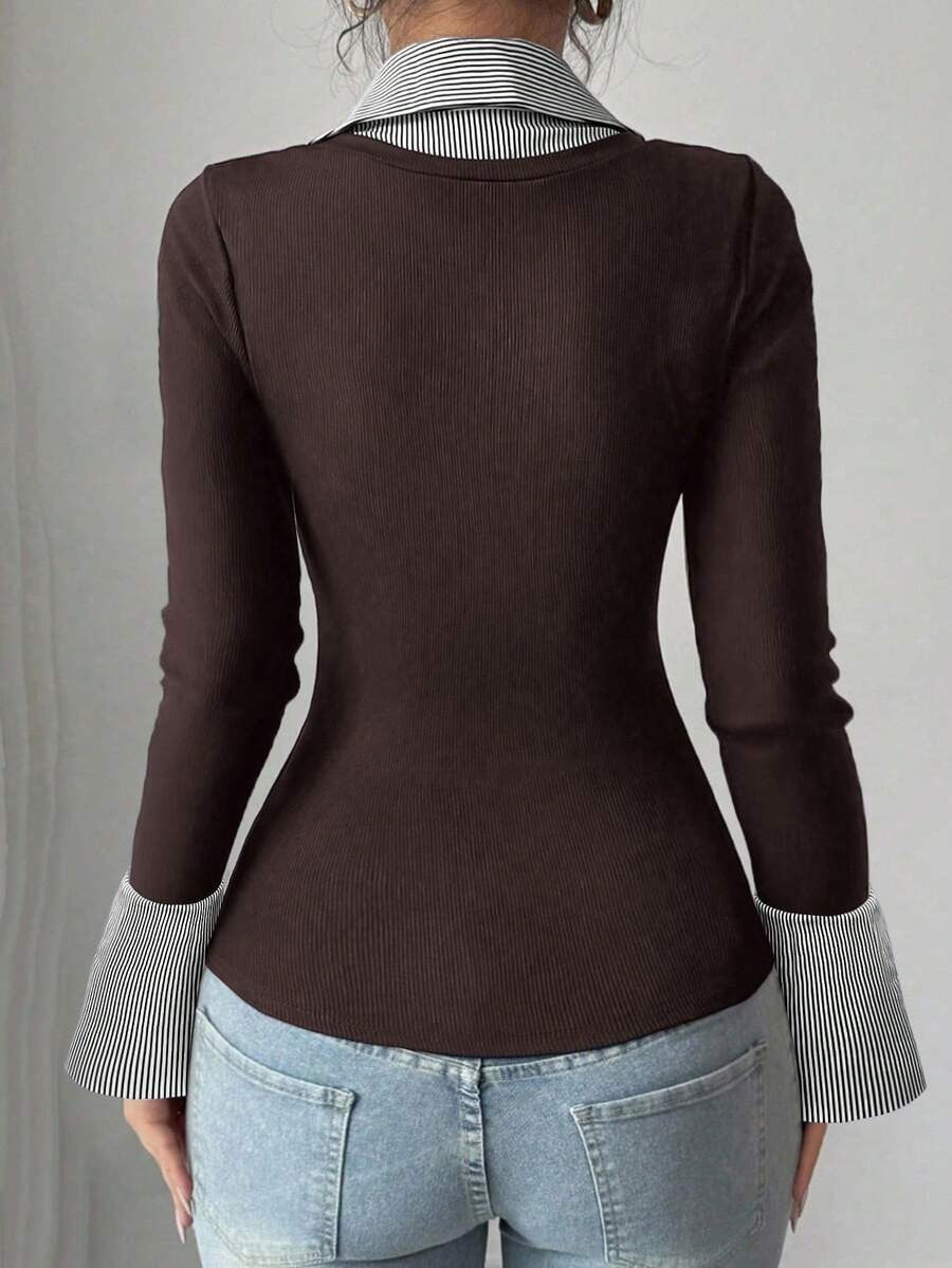 Office V Neck Layered Collared Knit Top Long Sleeve Tee