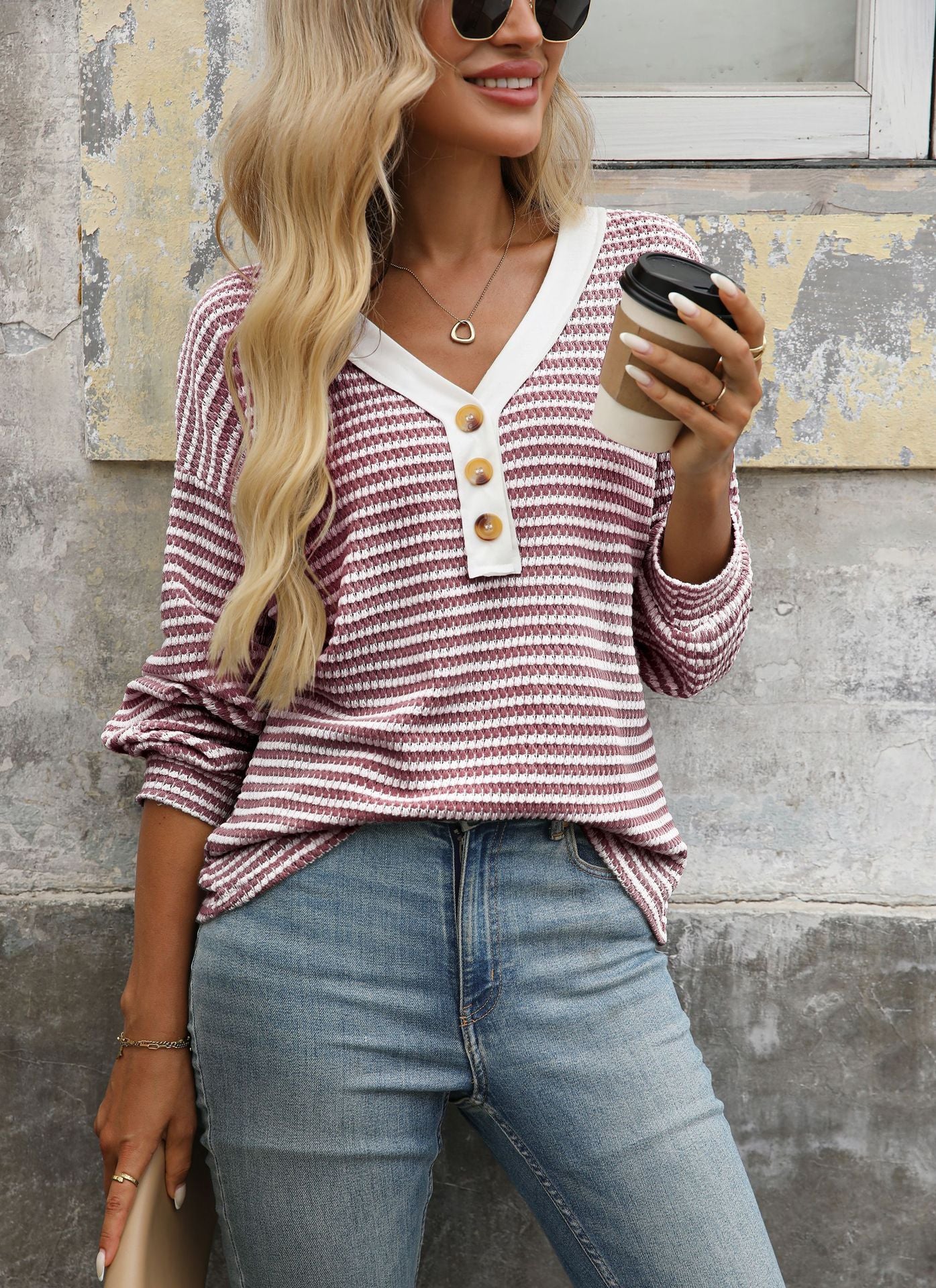 Striped Cotton Blend Top Casual Henley V Neck Tunic