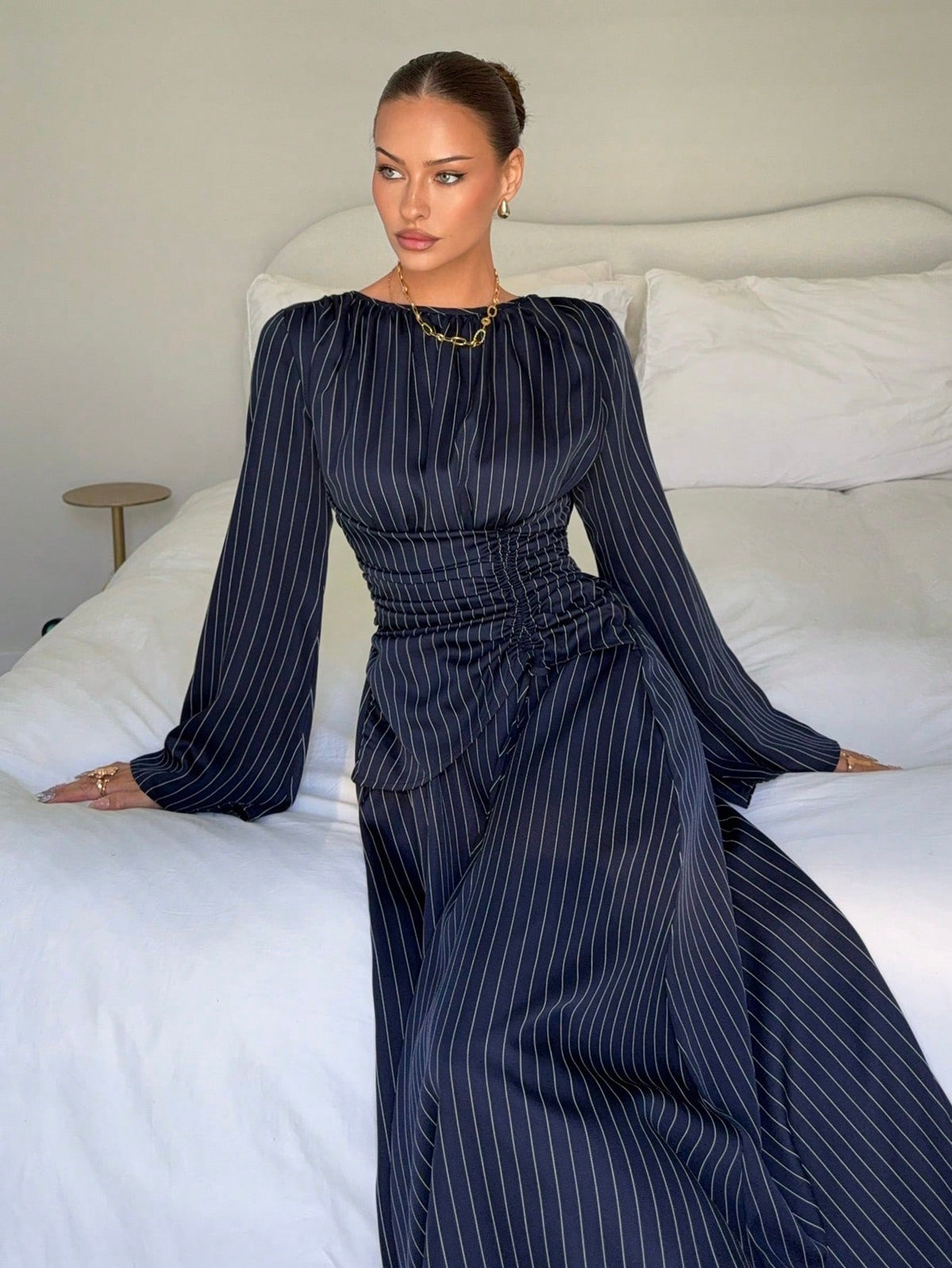 Women's Long Sleeve Tie Waist Ruched Midi Dress
