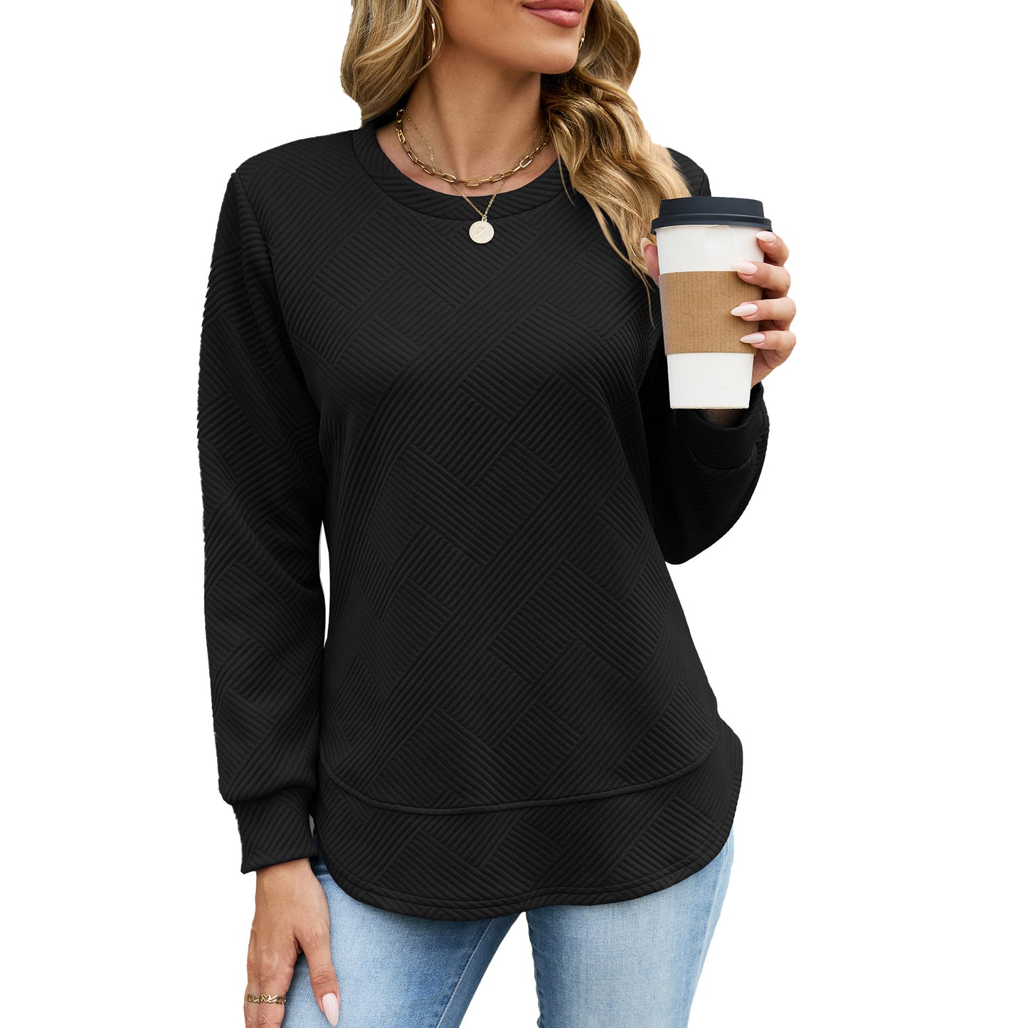 Solid Textured Cotton Sweatshirt Relaxed Long Sleeve Top
