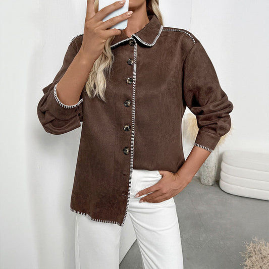 Vintage Contrast Trim Button Down Loose Shirt Jacket Women