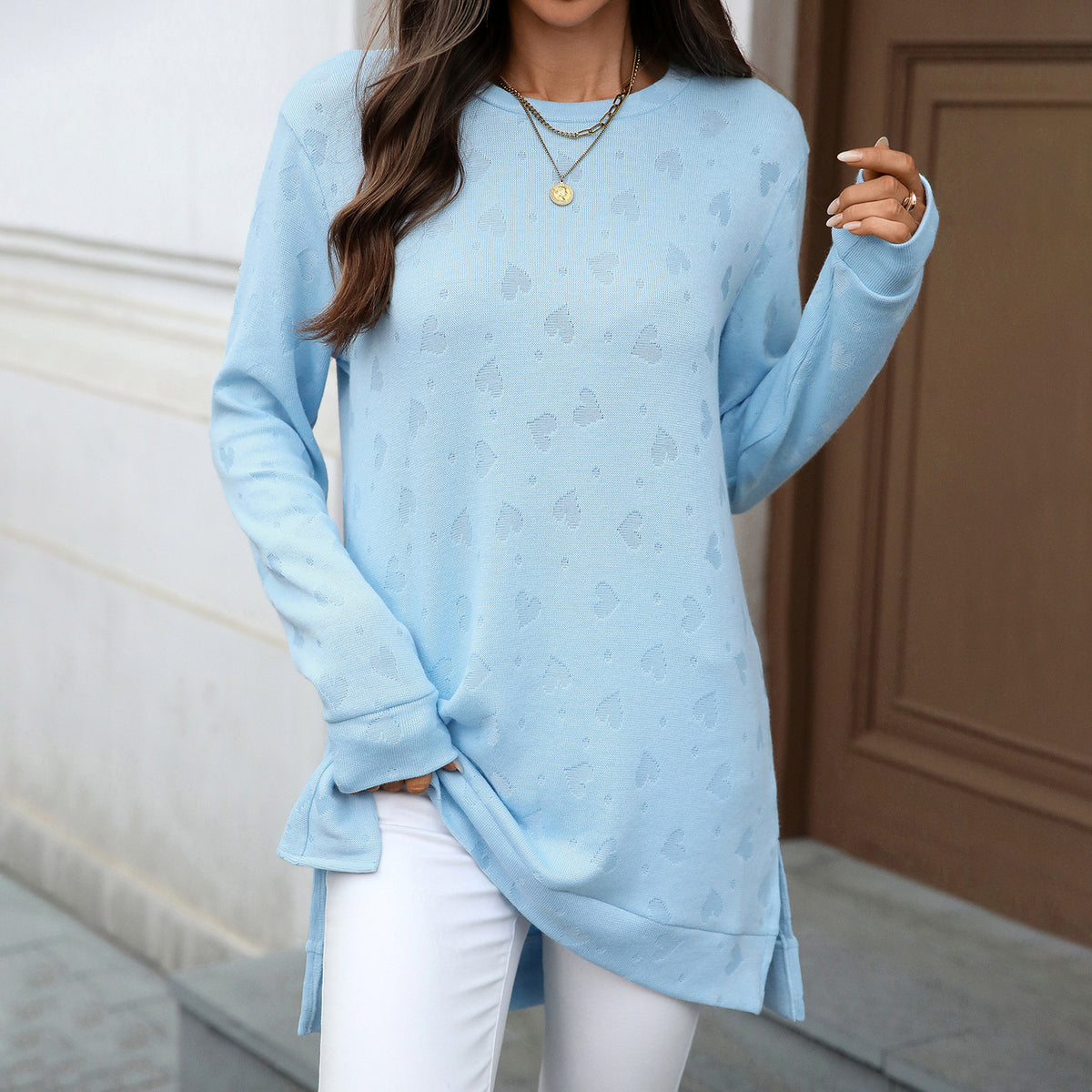 Oversized Crew Neck Long Sleeve Side Slit Knit Tunic Top