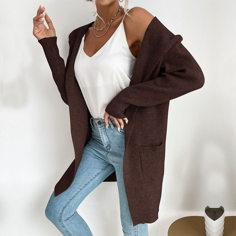 Hooded Knit Cardigan Long Sleeve Open Front Outerwear