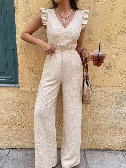 Women Ruffle Sleeve Tie Back Wide Leg Jumpsuit