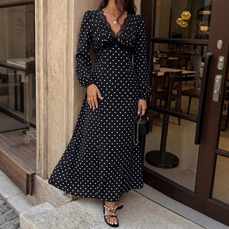 Black Polka Dot Maxi Dress Lace V-Neck Puff Long Sleeve