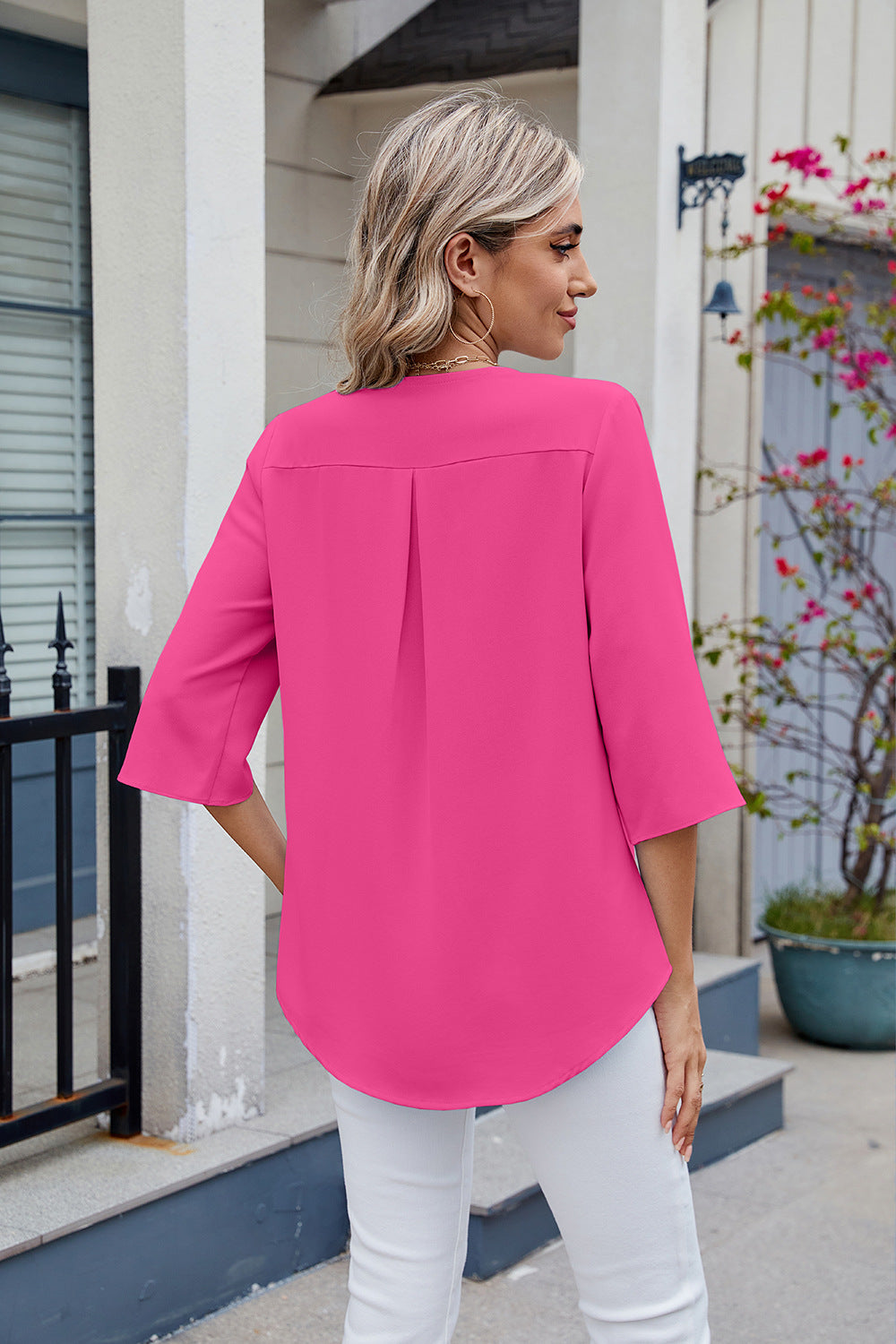 V-Neck Ruffle Mid-Sleeve Chiffon Shirt