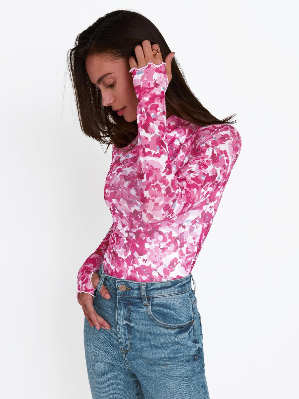 Half High Neck Long Sleeve Tee Sexy Y2K Mesh Printed Top