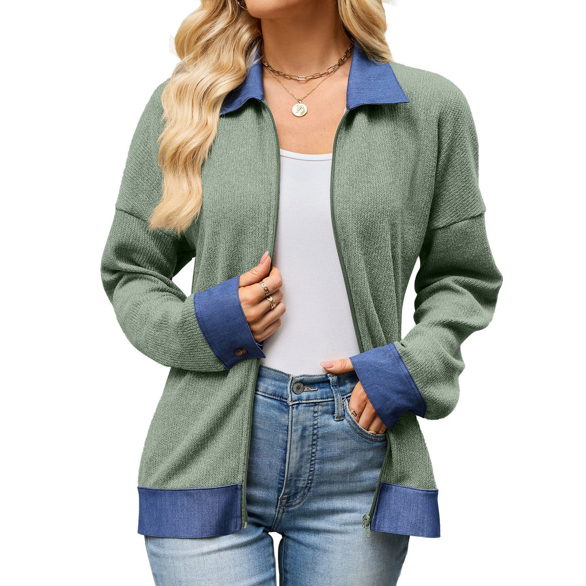 Womens Color Block Denim Trim Zip Up Collared Jacket