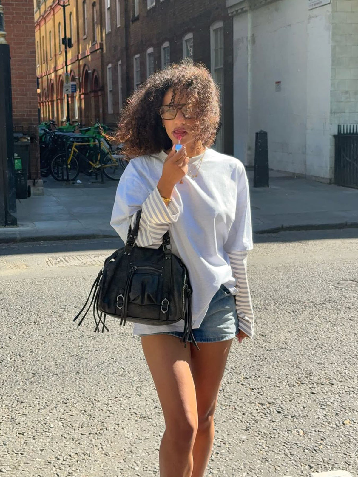 Oversized Contrast Striped Sleeve Cotton Long Sleeve Top