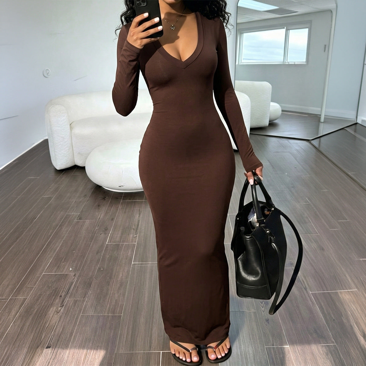 Women's Sexy Deep V Long Sleeve Bodycon Maxi Dress