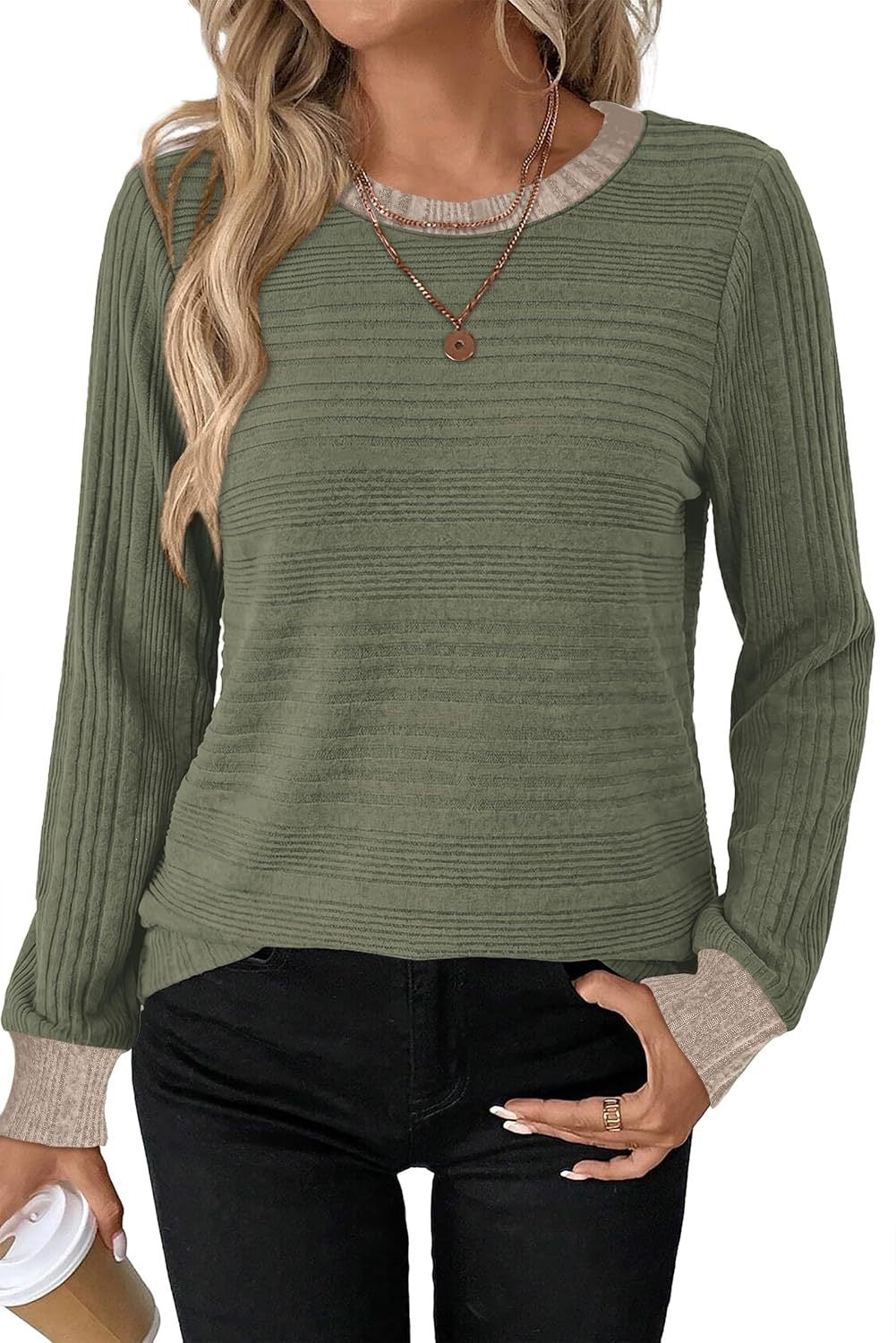 Women's Color Block Ribbed Long Sleeve Loose Casual Top