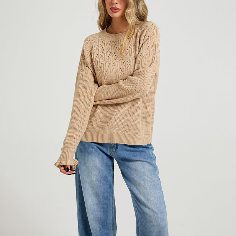 Women's Crew Neck Long Sleeve Cable Knit Pullover Sweater