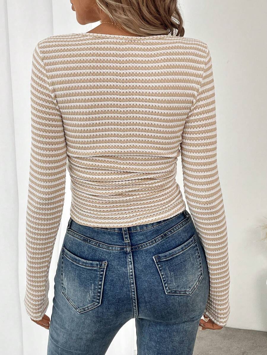 Striped Cotton Knit Top Trendy Fitted Square Neck