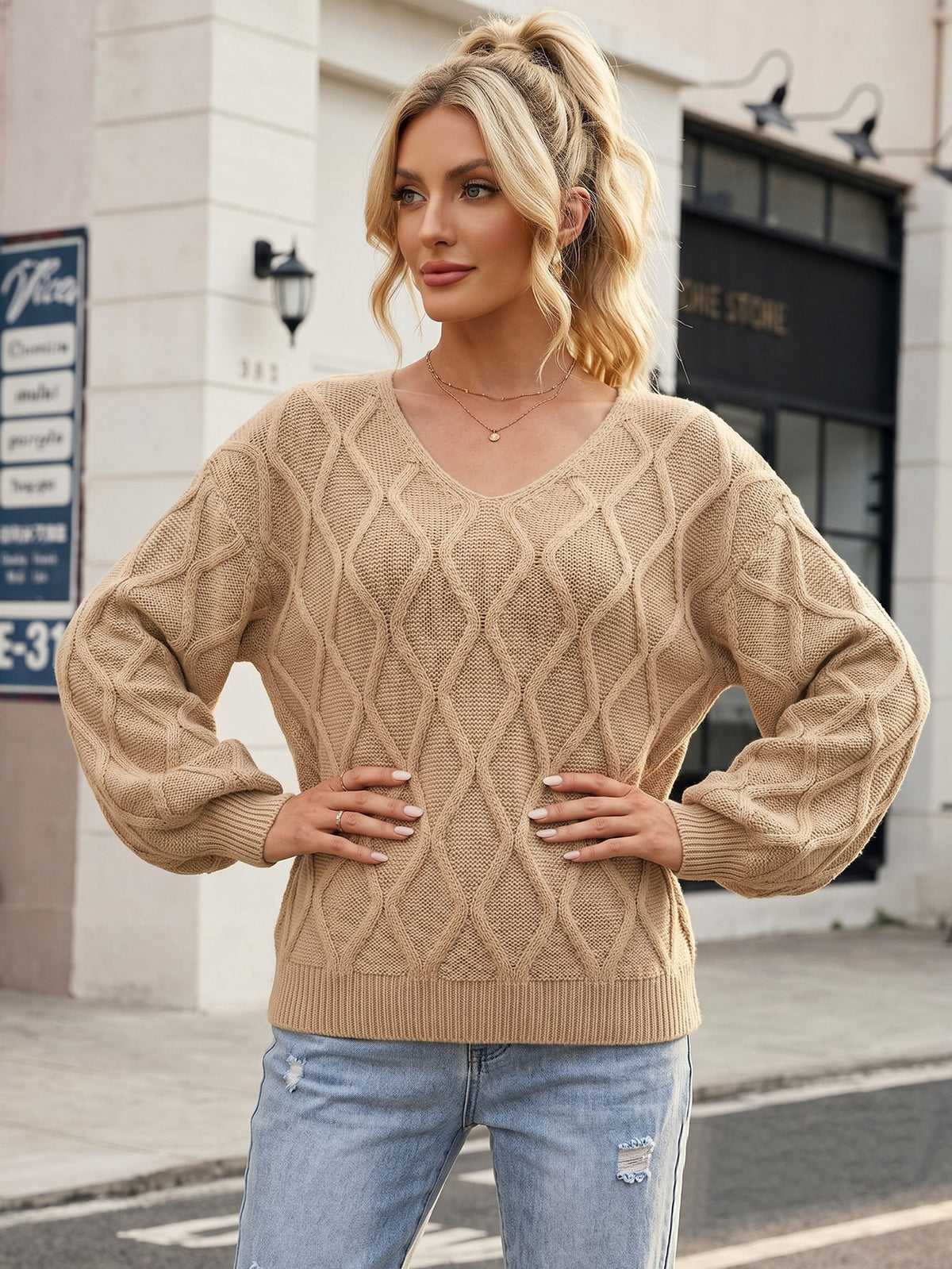 Oversized V Neck Cable Knit Pullover Sweater