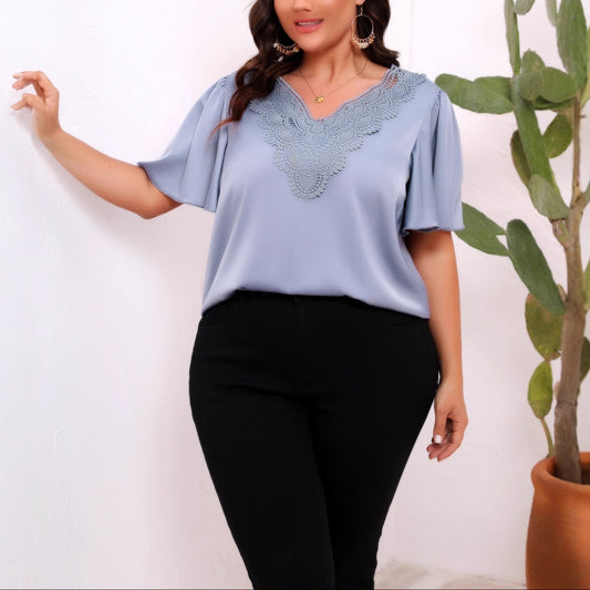 Plus Size Lace Trim Satin V Neck Loose Blouse Top