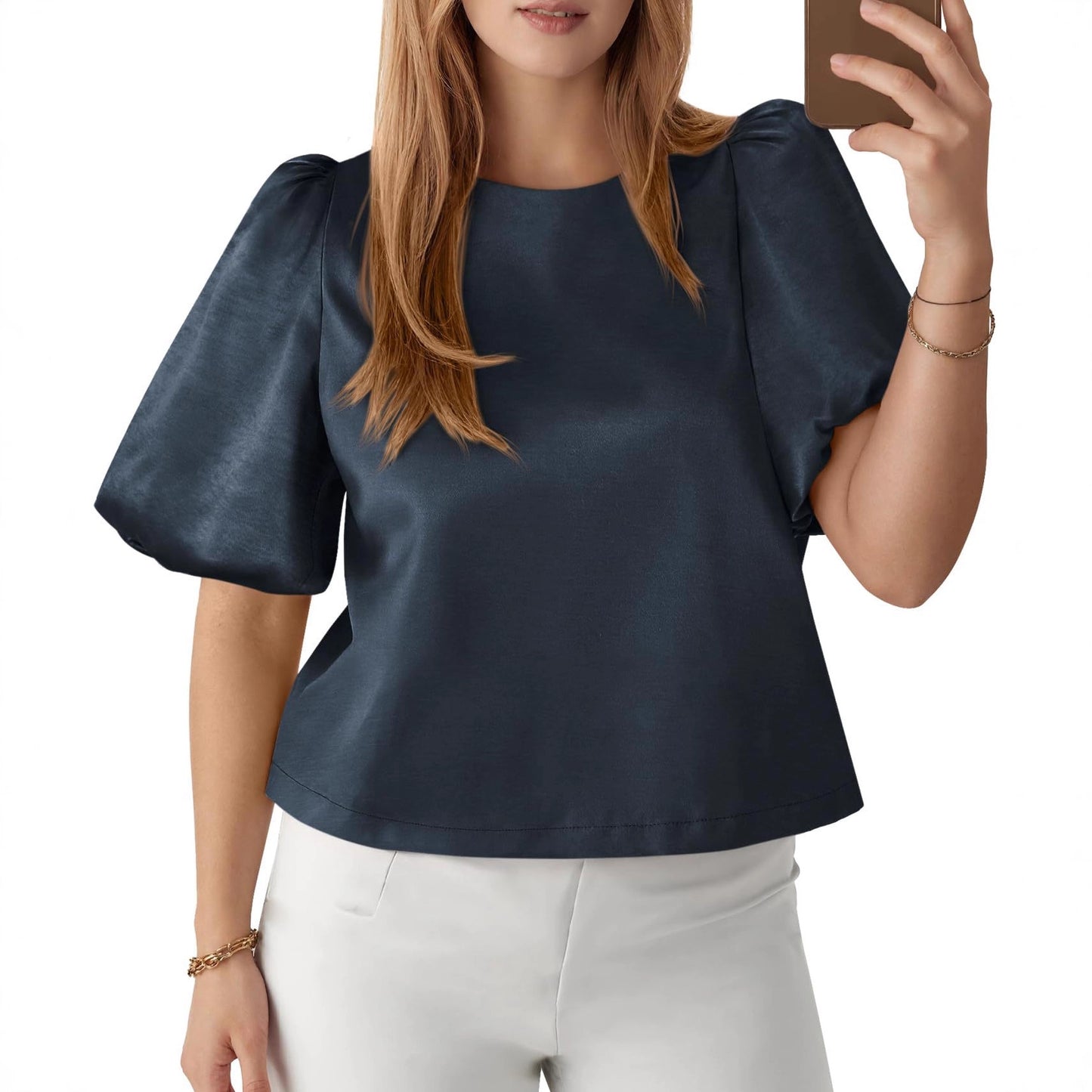 Satin Puff Sleeve Round Neck Elegant Blouse Top