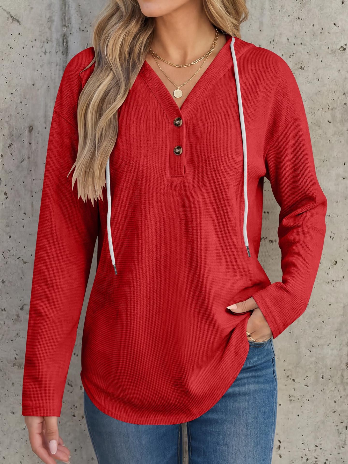 Solid Waffle Hoodie Pullover Casual Button Long Sleeve