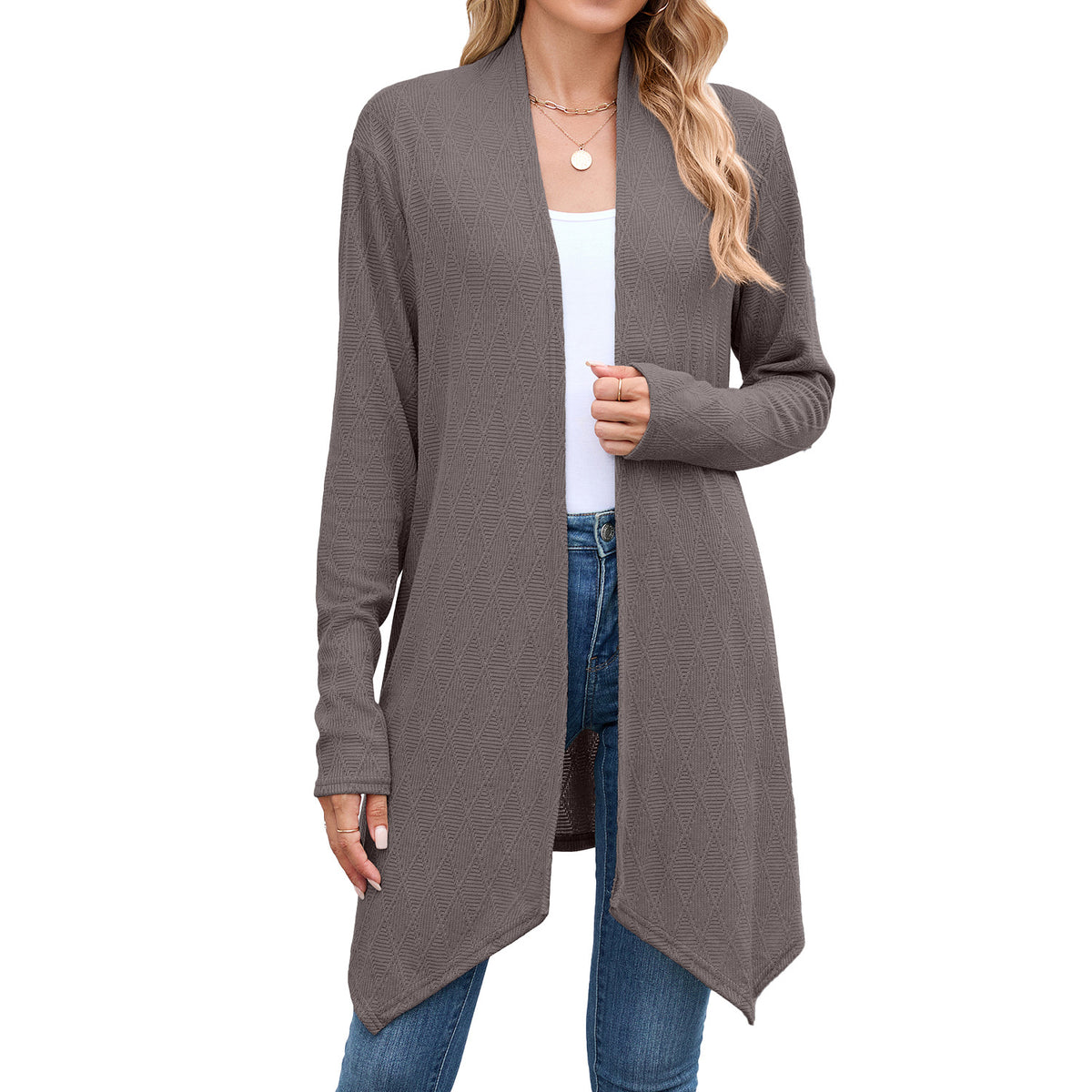 Women's Textured Open Front Long Knit Cardigan Sweater