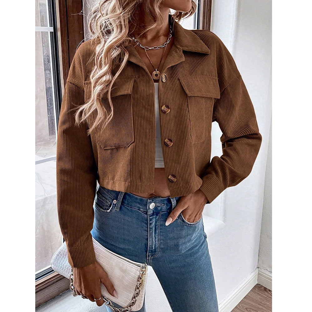 Women Corduroy Cropped Shacket Button Up Jacket