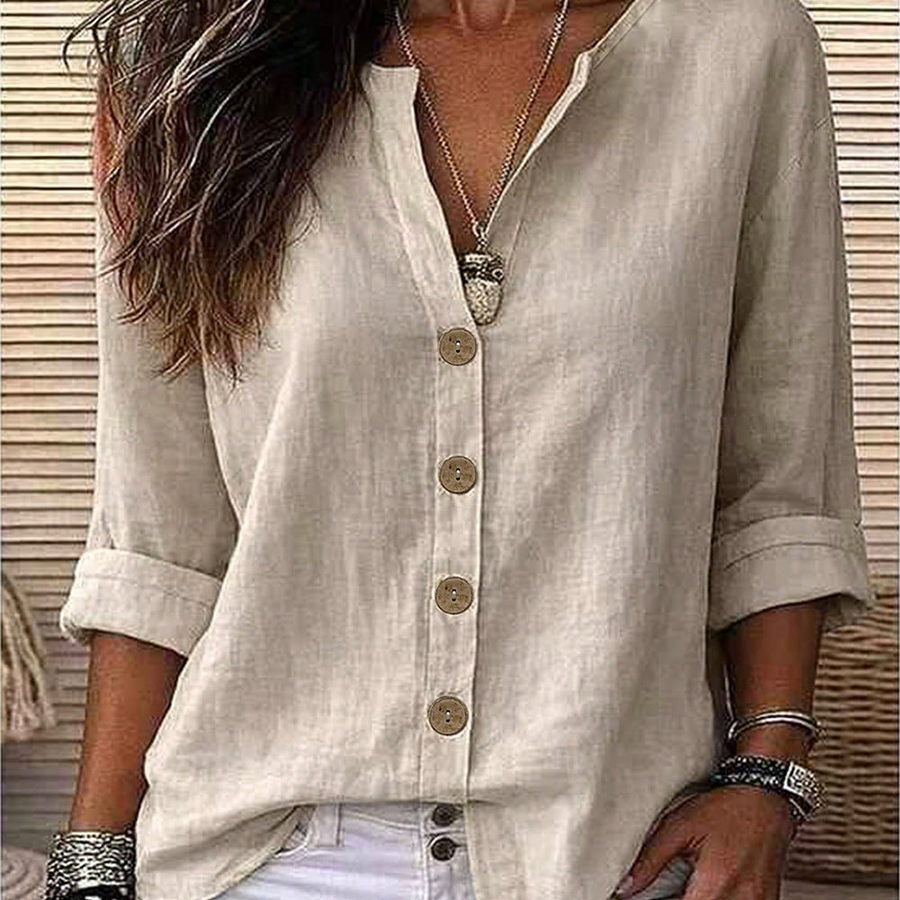Women's Relaxed V-Neck Button Up Roll Sleeve Blouse