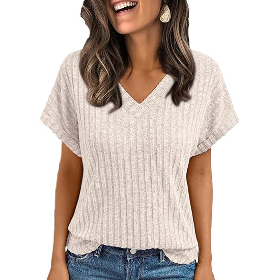 Solid Ribbed T Shirt Casual V Neck Loose Fit