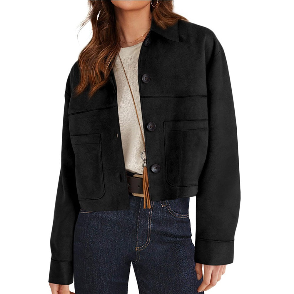 Solid Suede Jacket Western Cropped Button Front