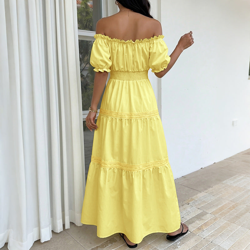 Solid Woven Maxi Dress Resort Smocked Puff Sleeve