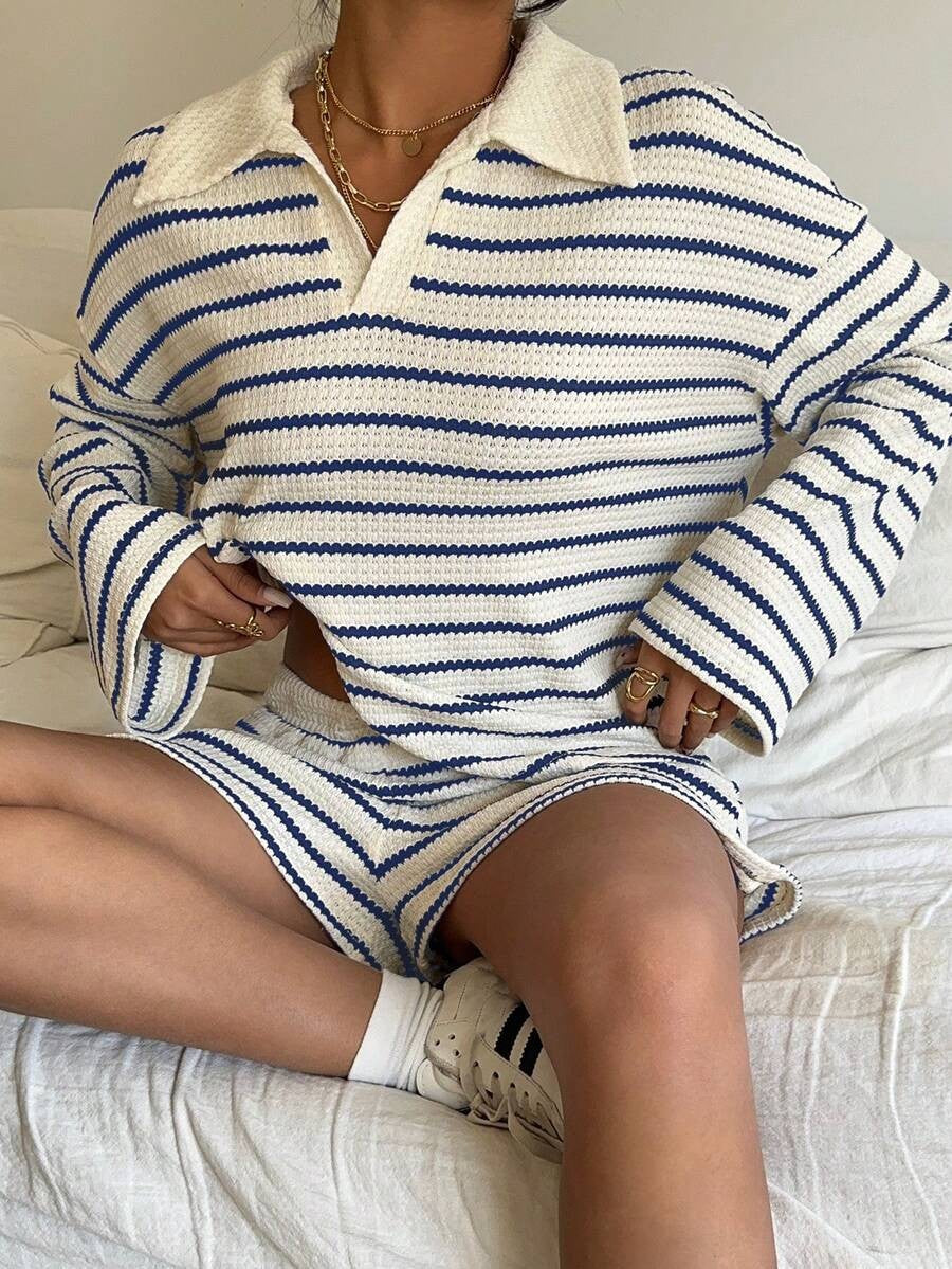 Striped Polo Lounge Set Resort Textured Collared Oversized
