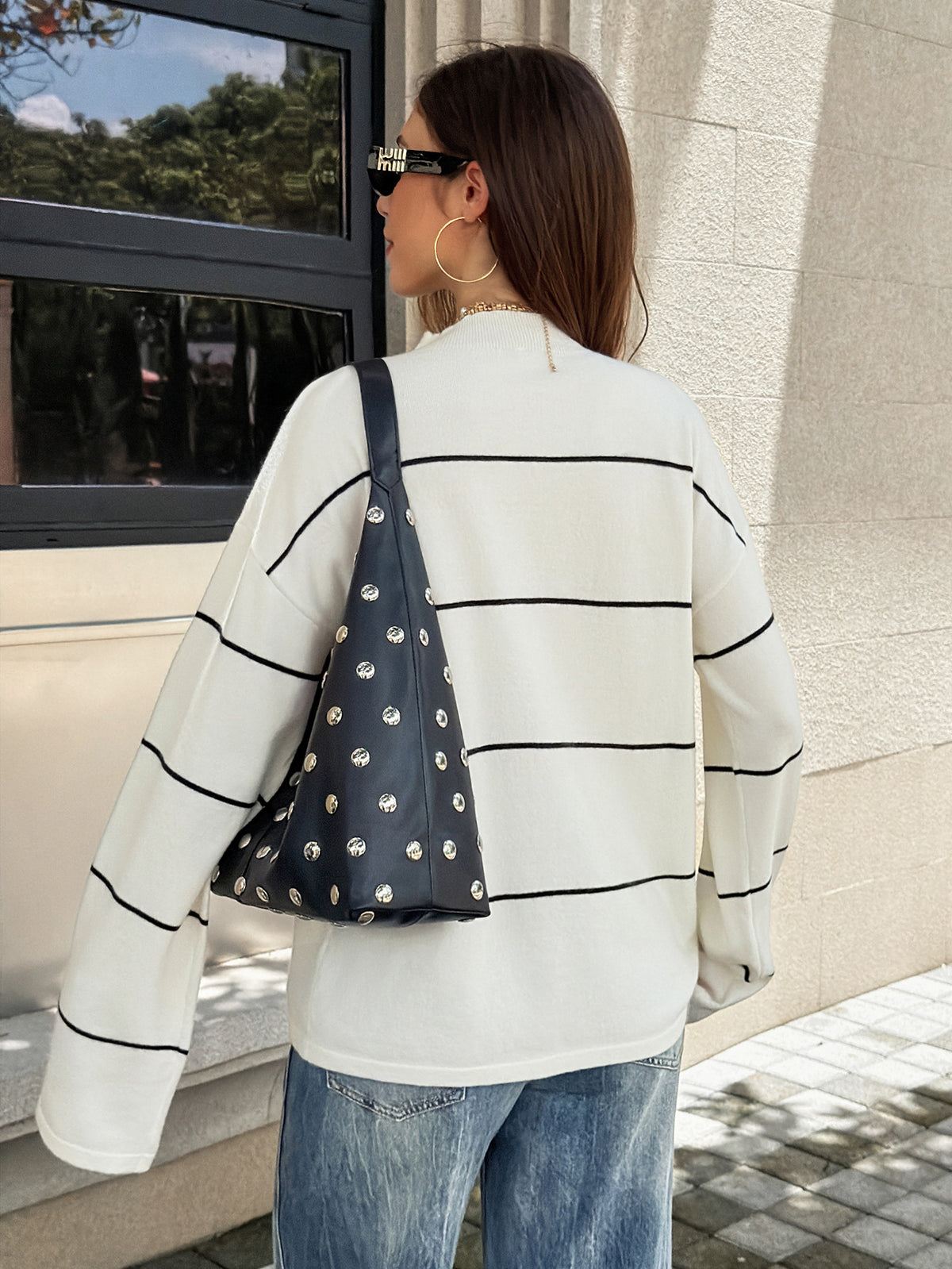 Mock Neck Striped Oversized Cropped Sweater