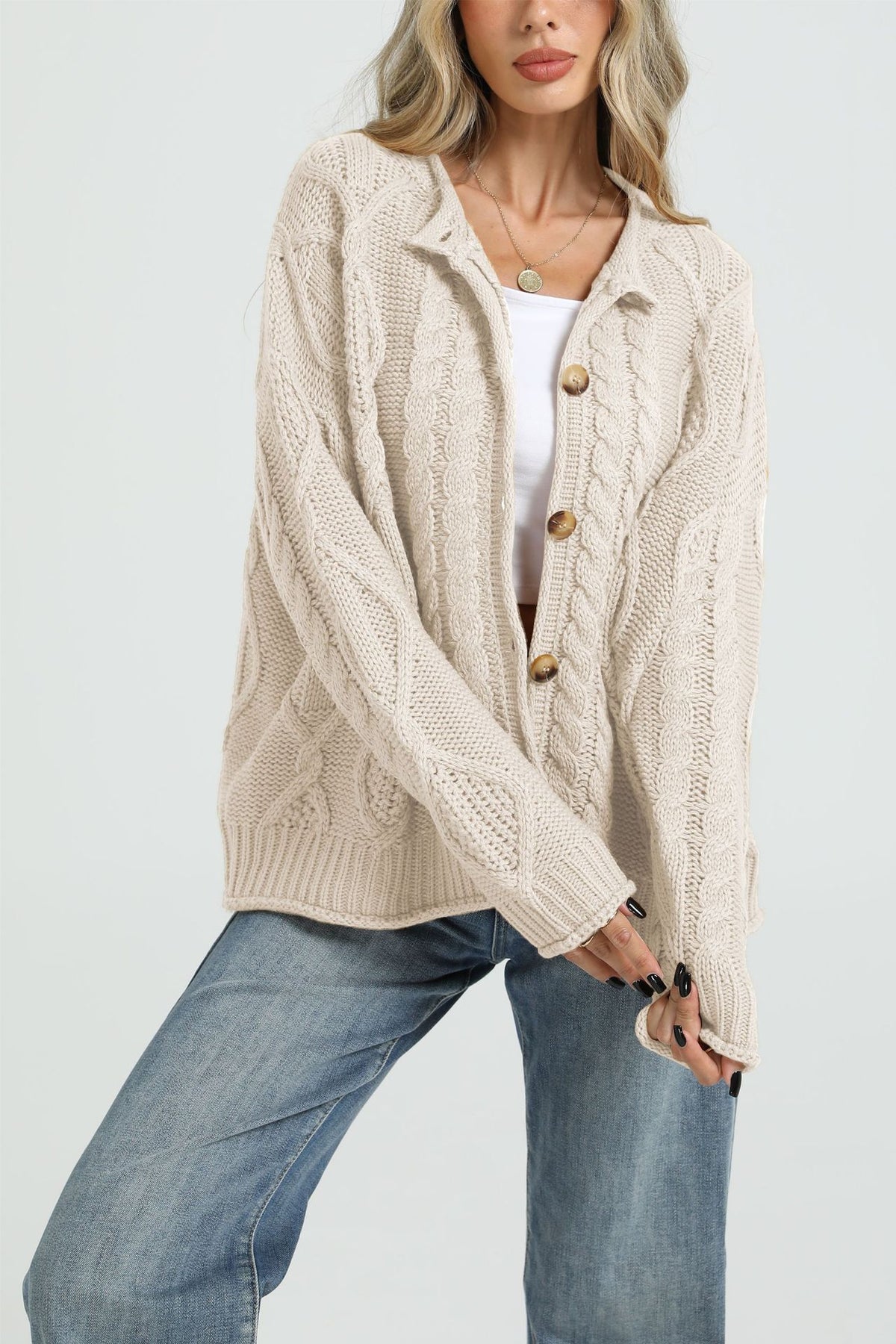 Women's Oversized Chunky Cable Knit Button Up Cardigan
